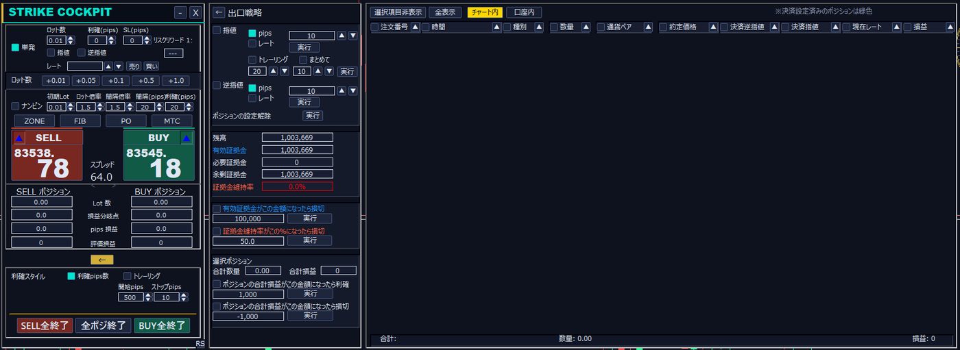 操作パネル・出口戦略パネル・注文一覧